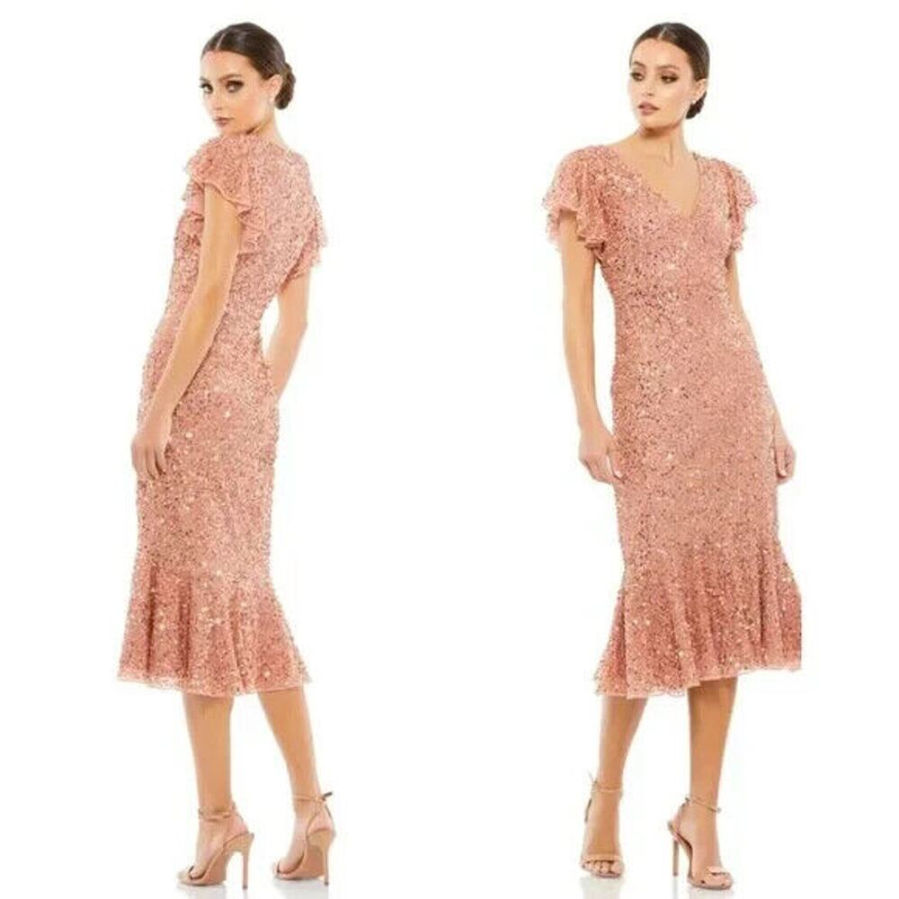 NWT ROSE GOLD SZ 6 10801 SEQUIN V-NECK FLUTTER CAP‎ SLEEVE TRUMPET DRESS